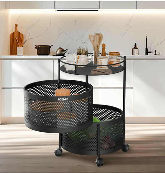Compact Round 2-Layer Kitchen Trolley with Ventilated Mesh Baskets & Four Swivel Wheels