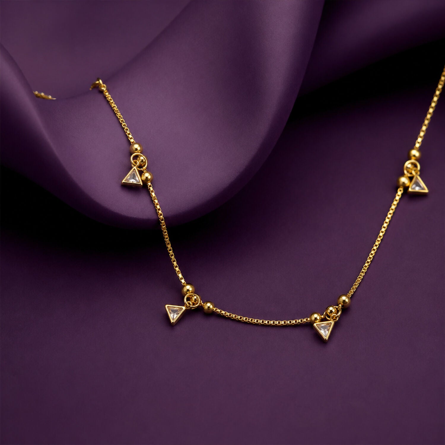 Gold-Plated Triangle CZ Necklace – Dainty Bead Chain for Women