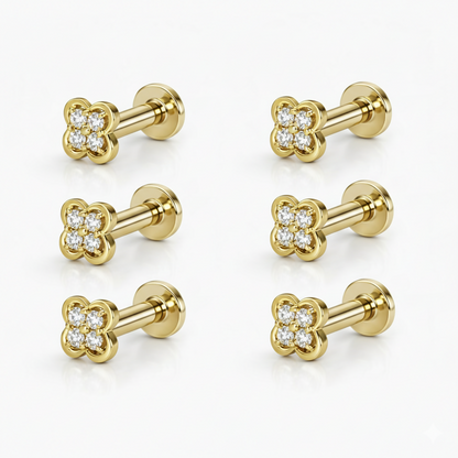Gold plated flat back clover stud earrings displayed on white background