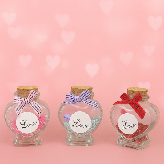Heart Shaped Love Message Glass Bottles with Cork Lid – Set of 3 (Red, Pink & Blue) | Glitter Filled Decorative Bottles with Mini Scroll Notes | Romantic Gift Jars for Valentine’s Day, Anniversary, Birthday & Home Decor