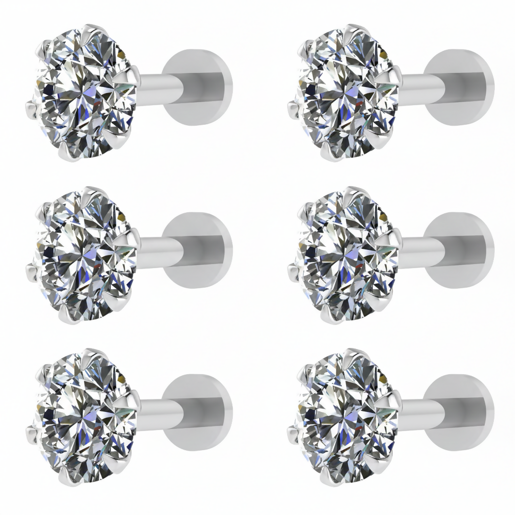 Silver Plated Round AD Solitaire Flat Back Stud Earrings Combo Pack of 6