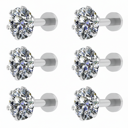 Silver Plated Round AD Solitaire Flat Back Stud Earrings Combo Pack of 6