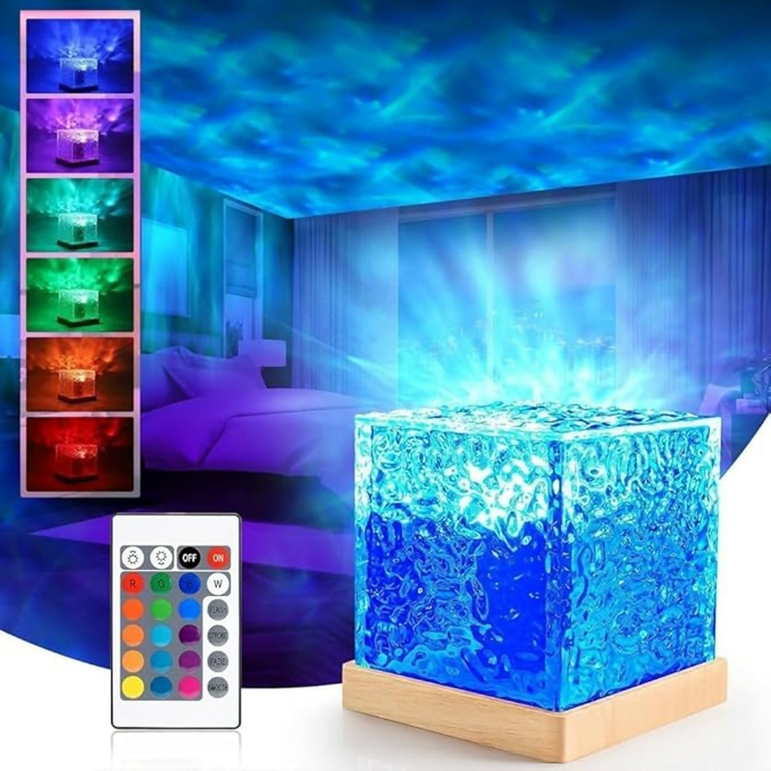 Crystal Ice Cube LED Night Lamp with Touch Control and Wooden Base
