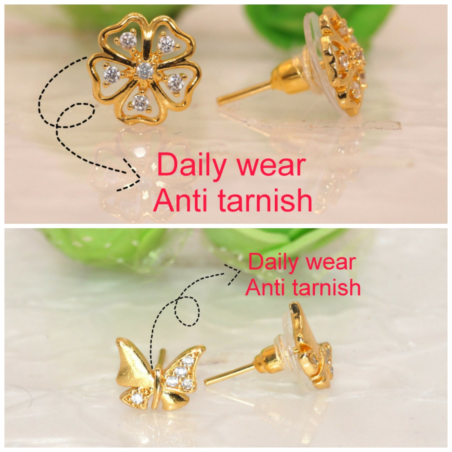 Gold Flower & Butterfly Stud Earrings Set with AD for women & girls Combo Pack of 2