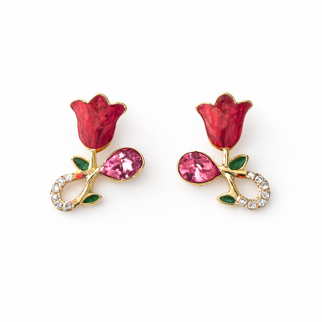 Side profile of a woman wearing a rose crystal stud earring