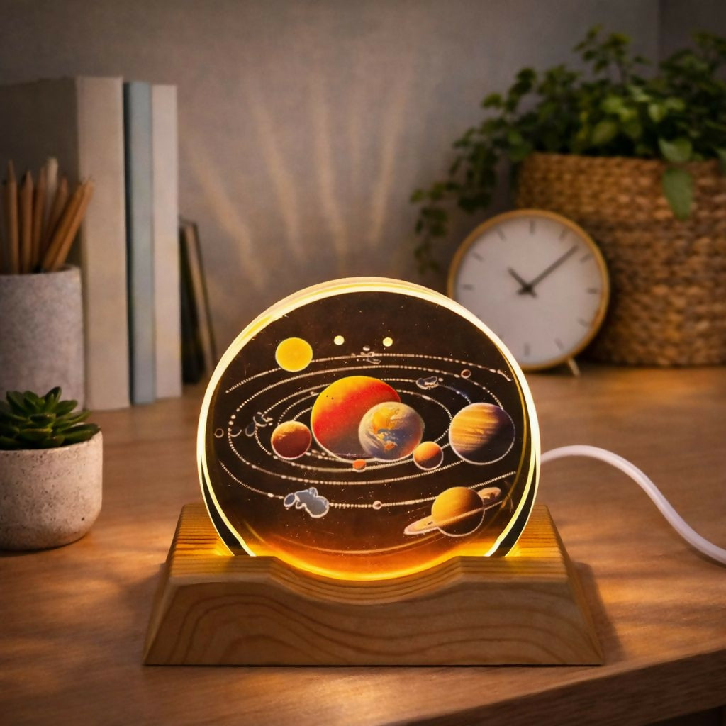 Solar System 3D Acrylic LED Night Lamp with Wooden Base for Home Decor