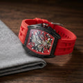 Red Skeleton Dial Watch for Men Tonneau Shape Racing Style Analog Silicone Strap