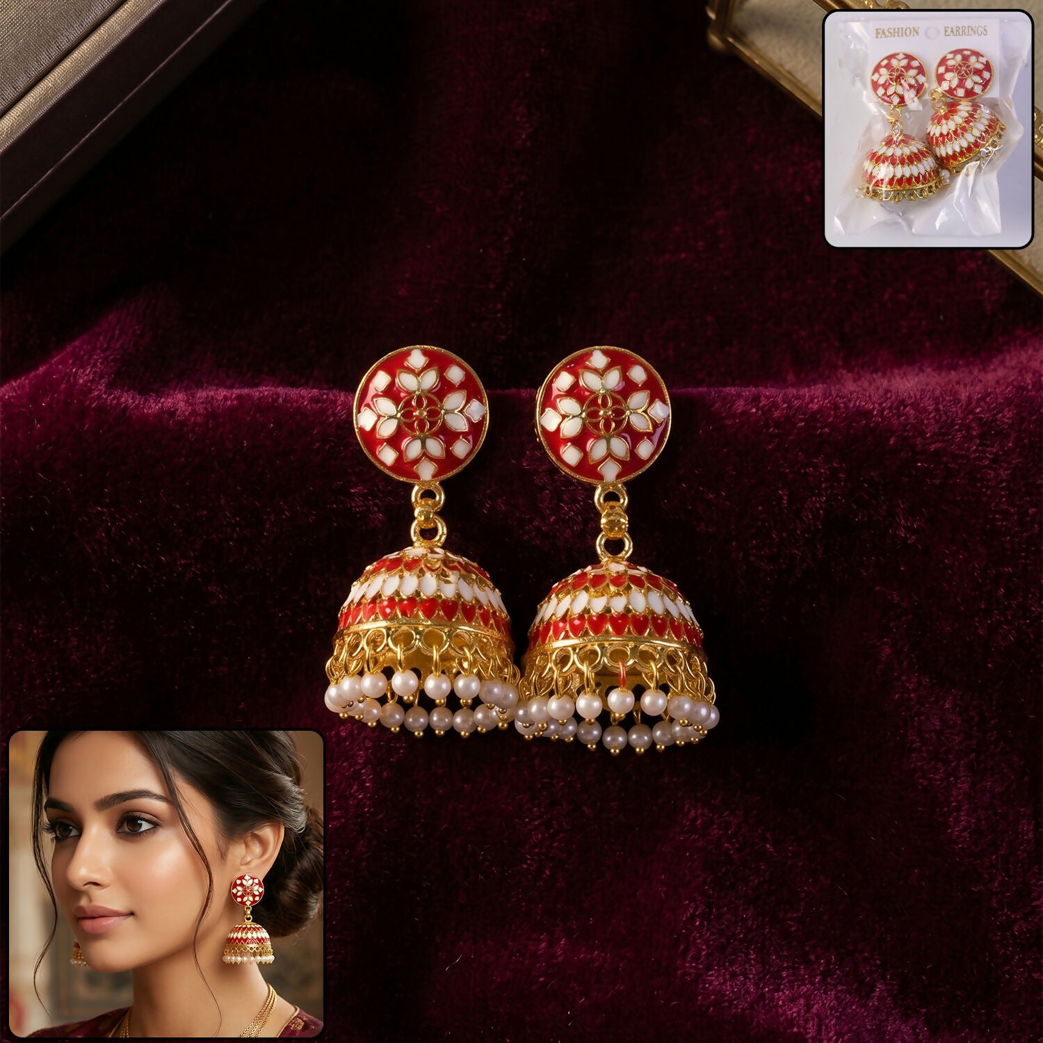 Red Floral Jhumka Earrings with Pearl Beads for Women
