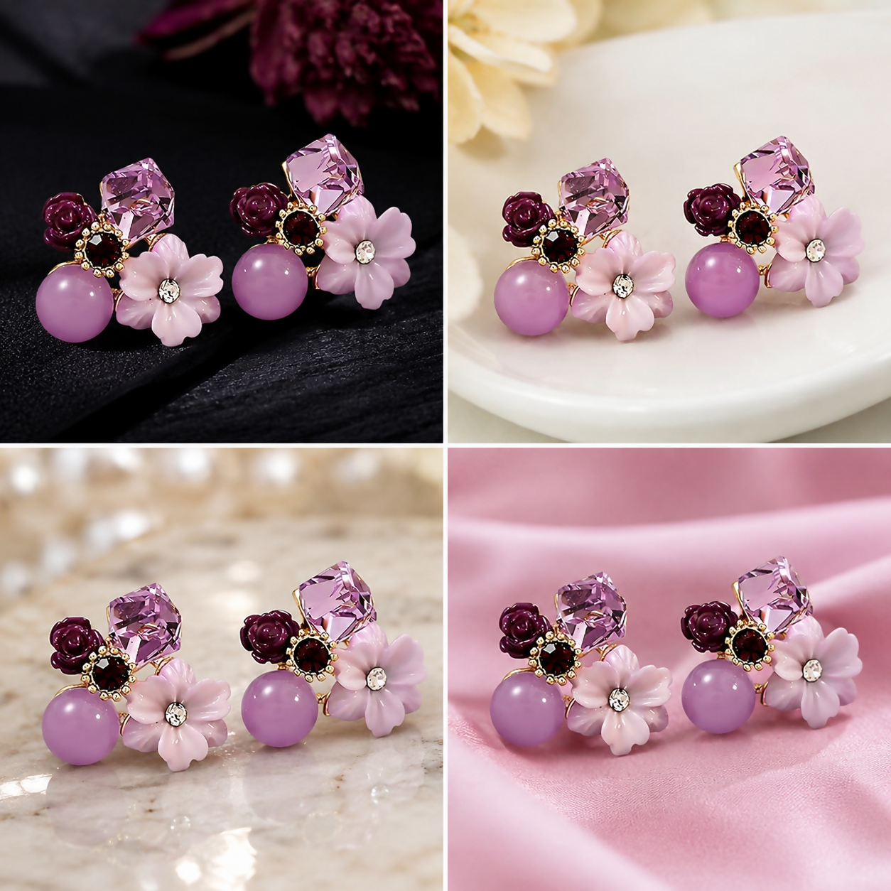 Premium Korean Floral Crystal Stud Earrings for Women Purple Flower Pearl Design packaging view for festive gifting jewellery