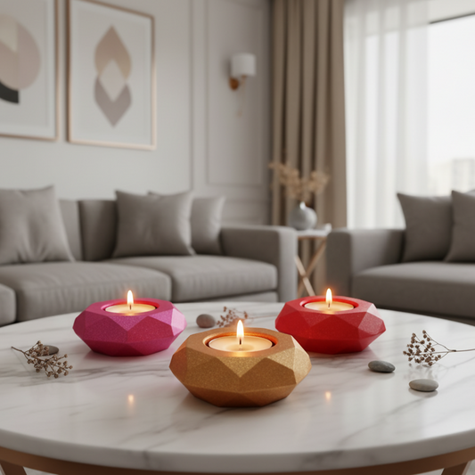 Diamond Decorative Diya Multi-Purpose Tealight Candle Holder, Dhoop Cone Stand, Pooja Diya & Mini Planter (Red, Rose Gold, Metallic Pink)