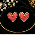 Coral Pink, Black & WhiteHeart Stud Earrings with Gold-Tone Borders for Women and Girls Set of 3 Pairs