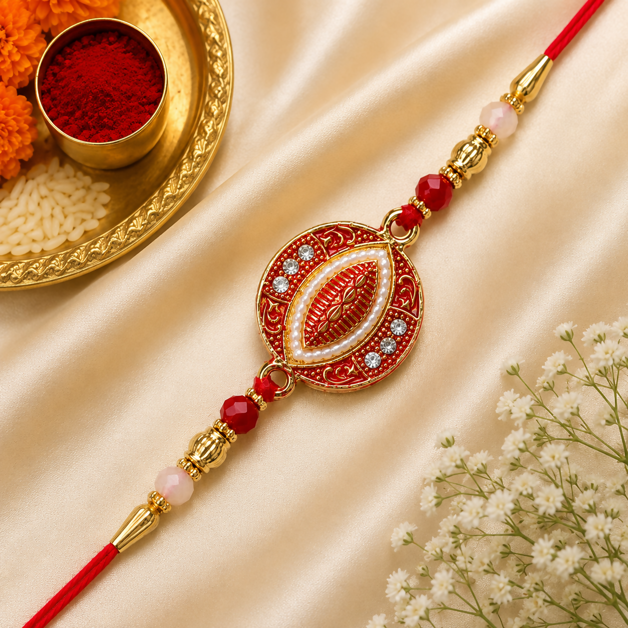 A red and gold Rakhi with a central oval design, white pearls, and clear stones, rests on a gold satin cloth next to a gold