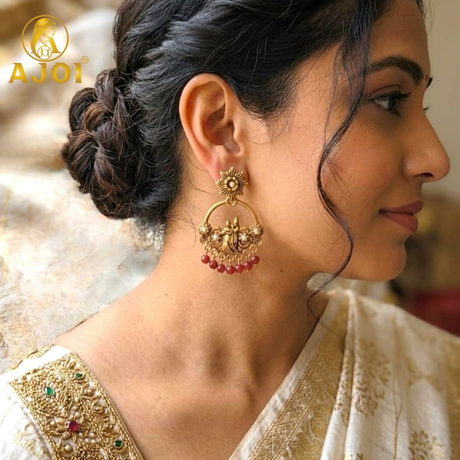 Maroon Bead Radha Krishna Antique Chandbali Earrings for Festive Wear