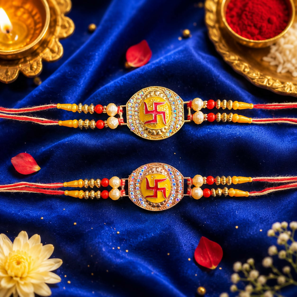 Two gold and rose gold Swastik bracelets with red and yellow threads rest on a royal blue velvet cloth with scattered petals