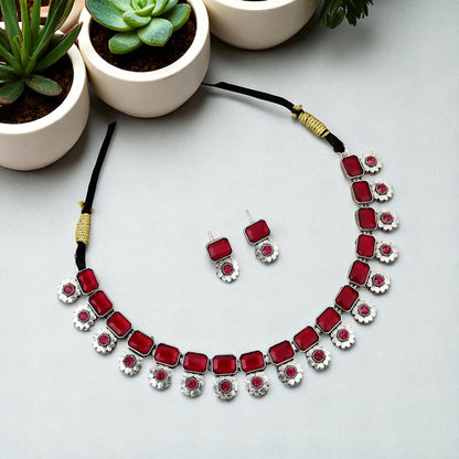 Vintage Silver-Toned Choker Set with Ruby Pink Stones