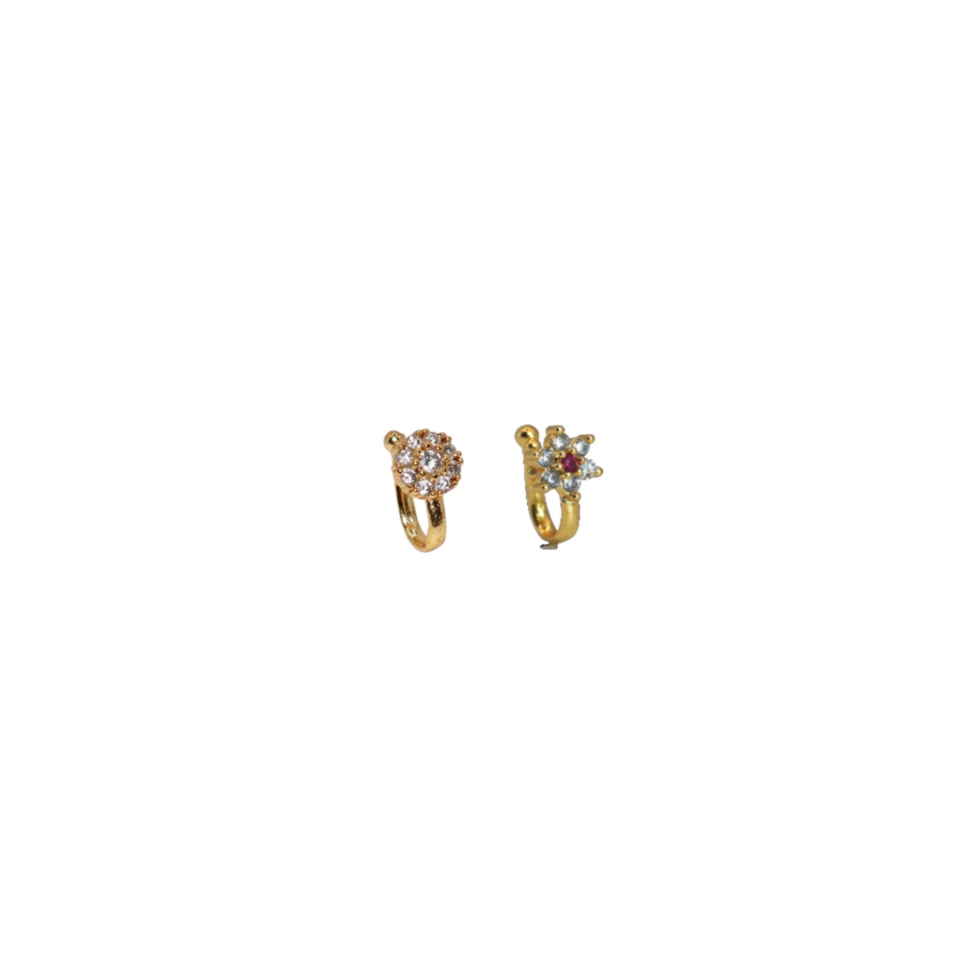 Close-up of non-pierced CZ clip-on nath featuring star and floral designs