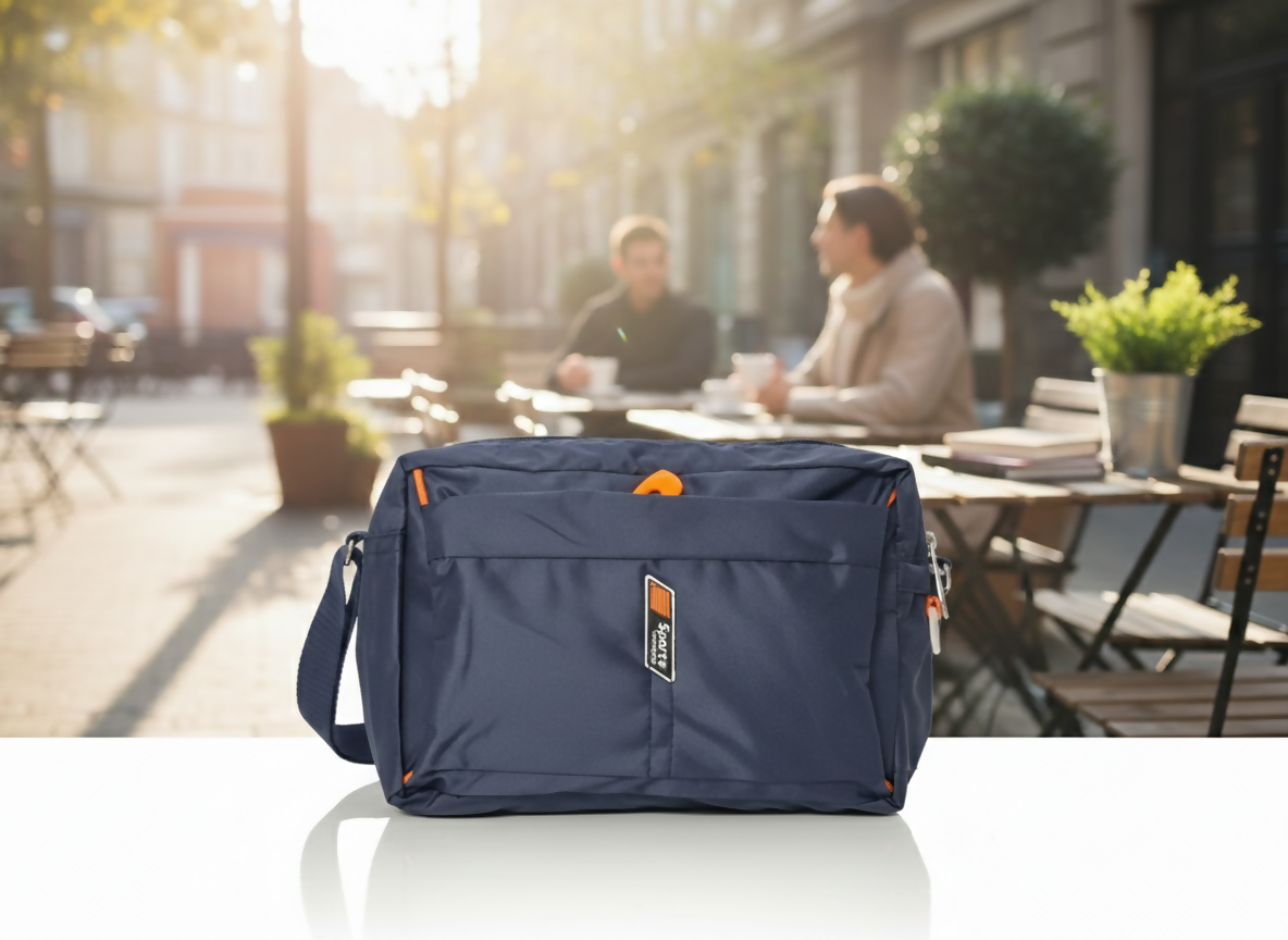 Slim side profile of small lightweight crossbody shoulder bag for tablets and daily essentials