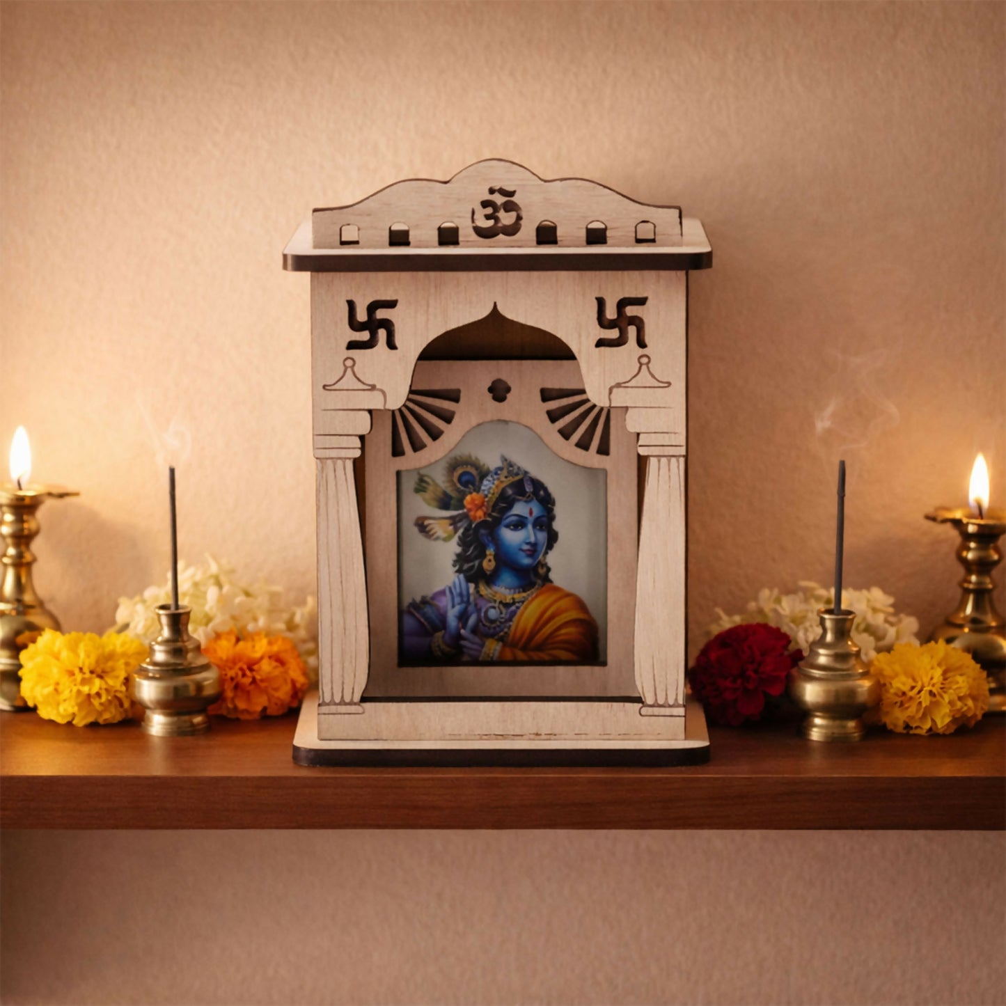 Wooden Krishna Mini Temple with Printed Image & Adhesive Base – Tabletop Mandir