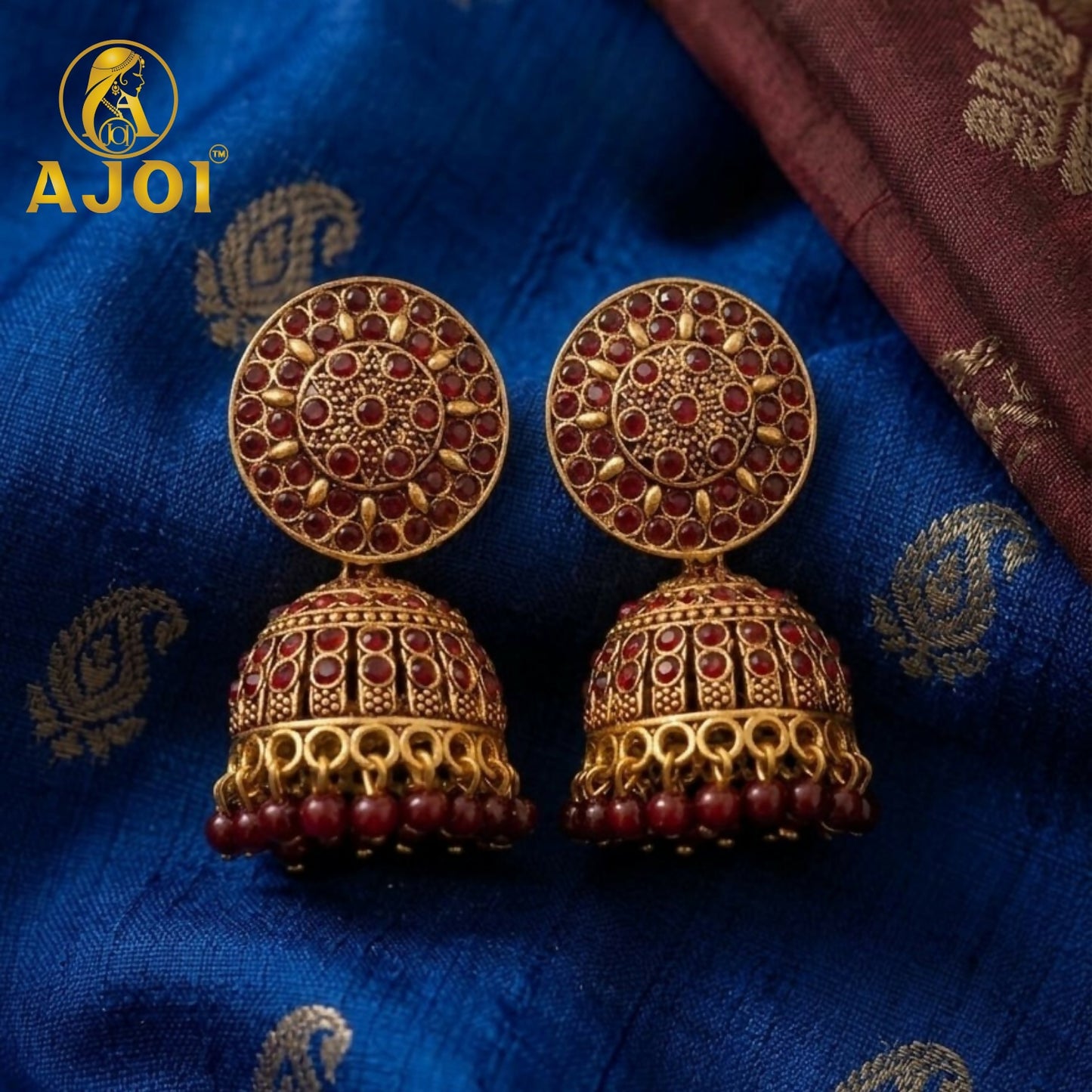 Antique Gold Maroon Stone Jhumka Earrings Traditional Ethnic Design