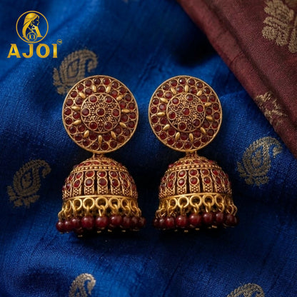 Antique Gold Maroon Stone Jhumka Earrings Traditional Ethnic Design