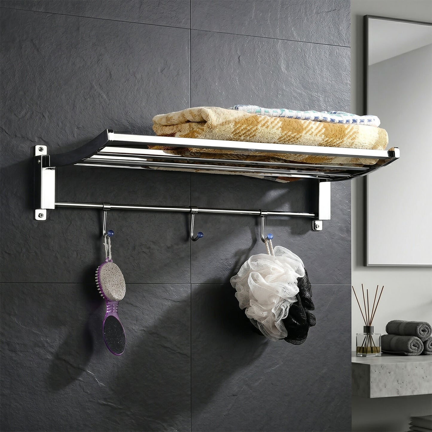 Lower bar and hanging hooks of bathroom towel rack