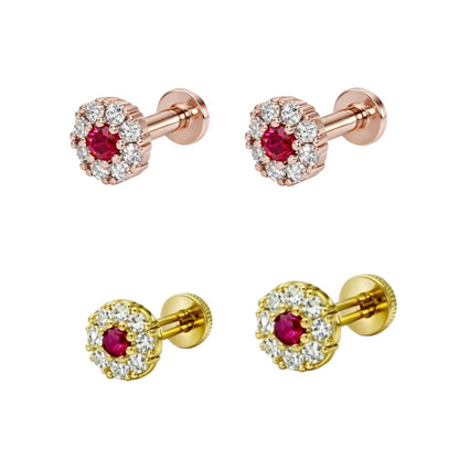 Ruby Halo Stud Earrings showcasing vibrant red ruby and sparkling crystal halo