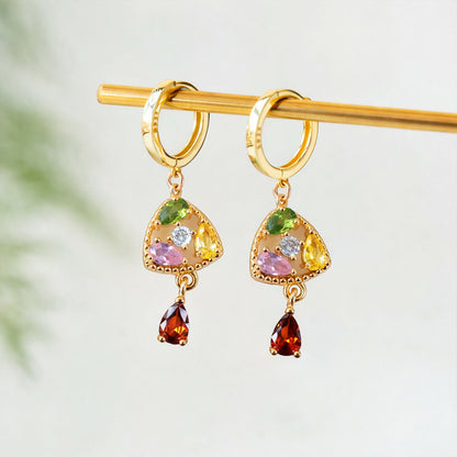 Gold-tone multicolor stone drop earrings with hoop lock displayed elegantly