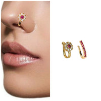 Gold Plated Clip-On Nose Pin Set AD & Pink Stone Combo Pack of 2