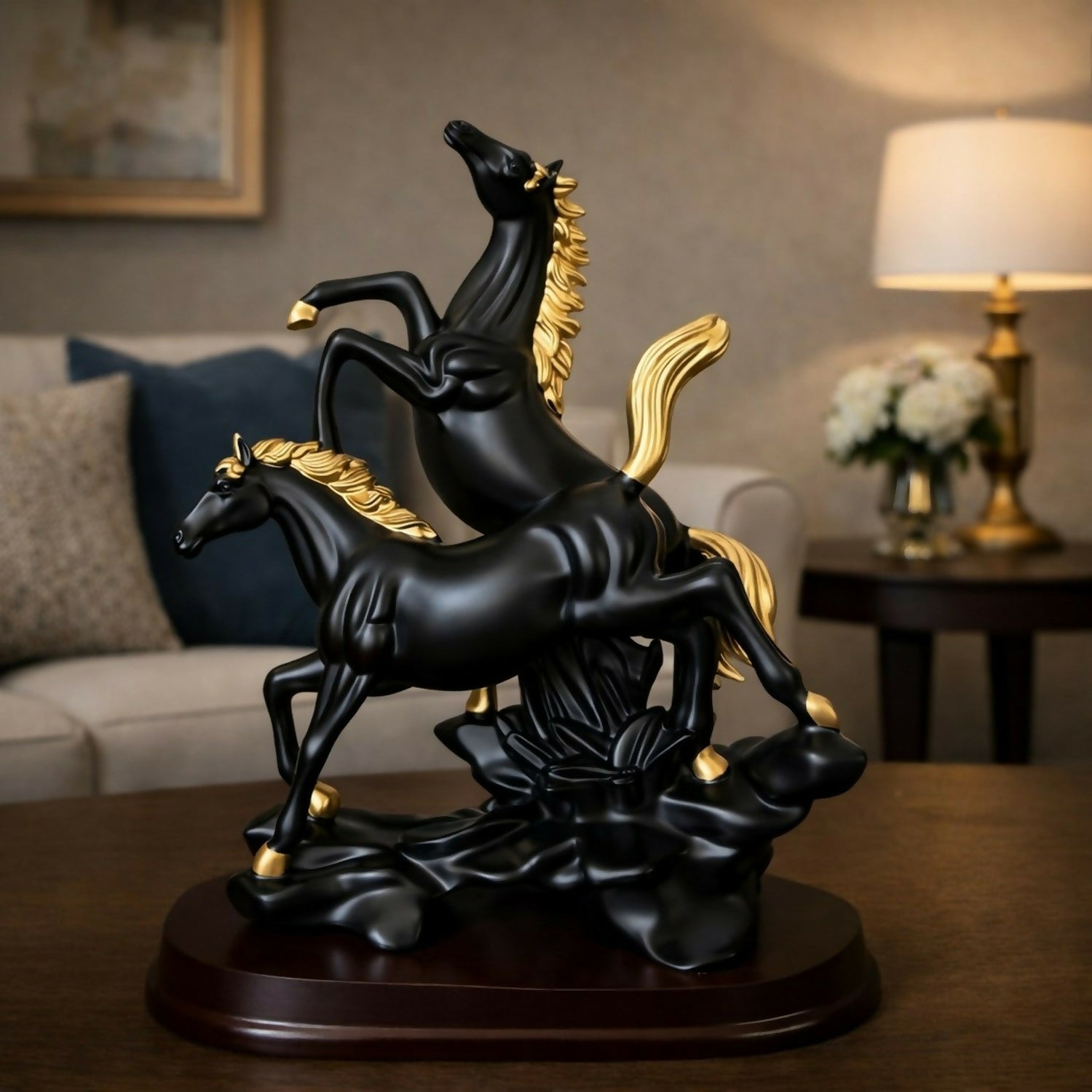 Black Gold Dual Horse Statue front view