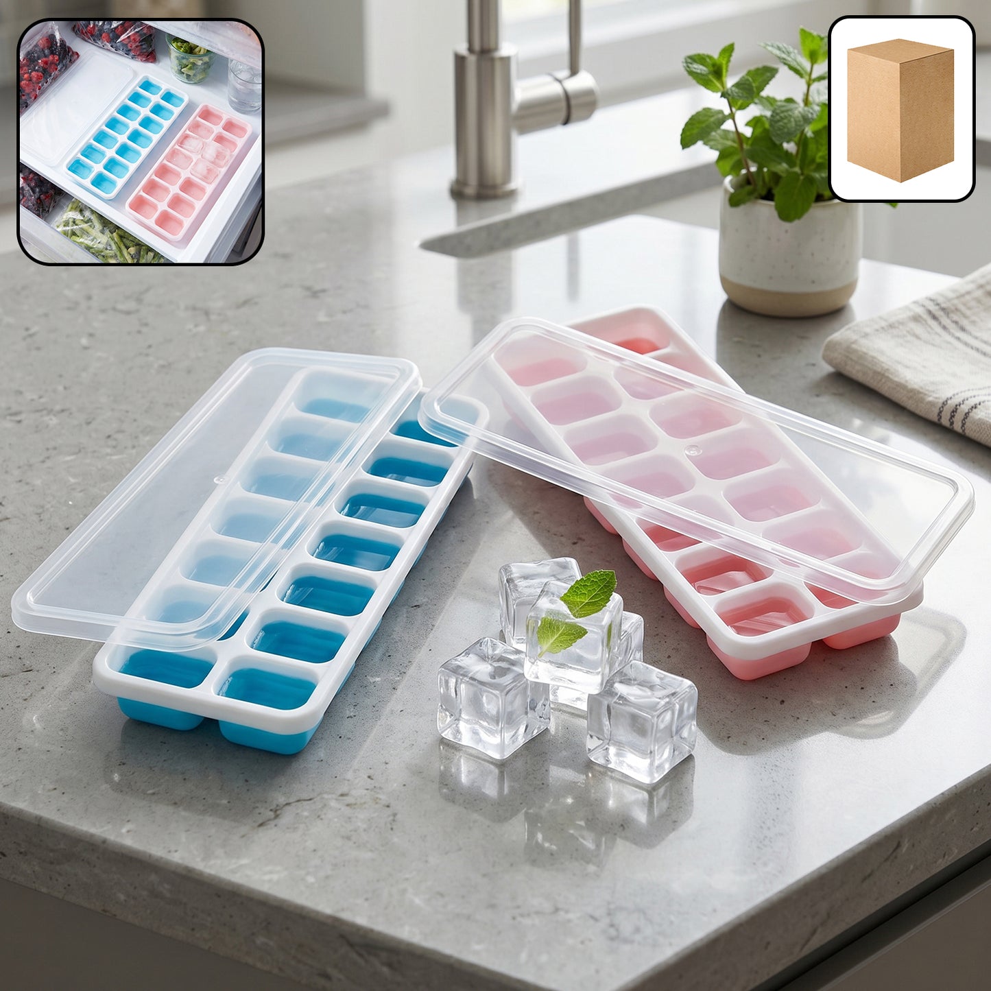 Plastic ice cube tray with lid for freezer