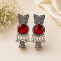 Oxidised Silver Tone Red Stone Butterfly Jhumka Earrings with Hanging Bead Charms