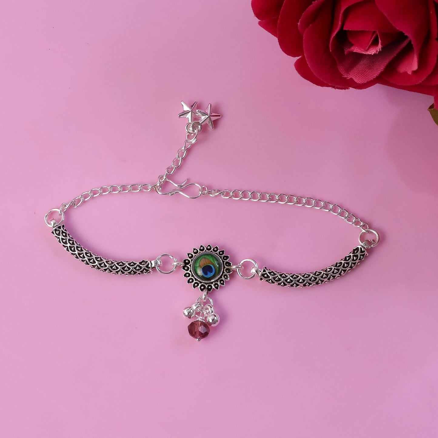 Peacock Stone Silver Charm Bracelet with Adjustable Chain for Women