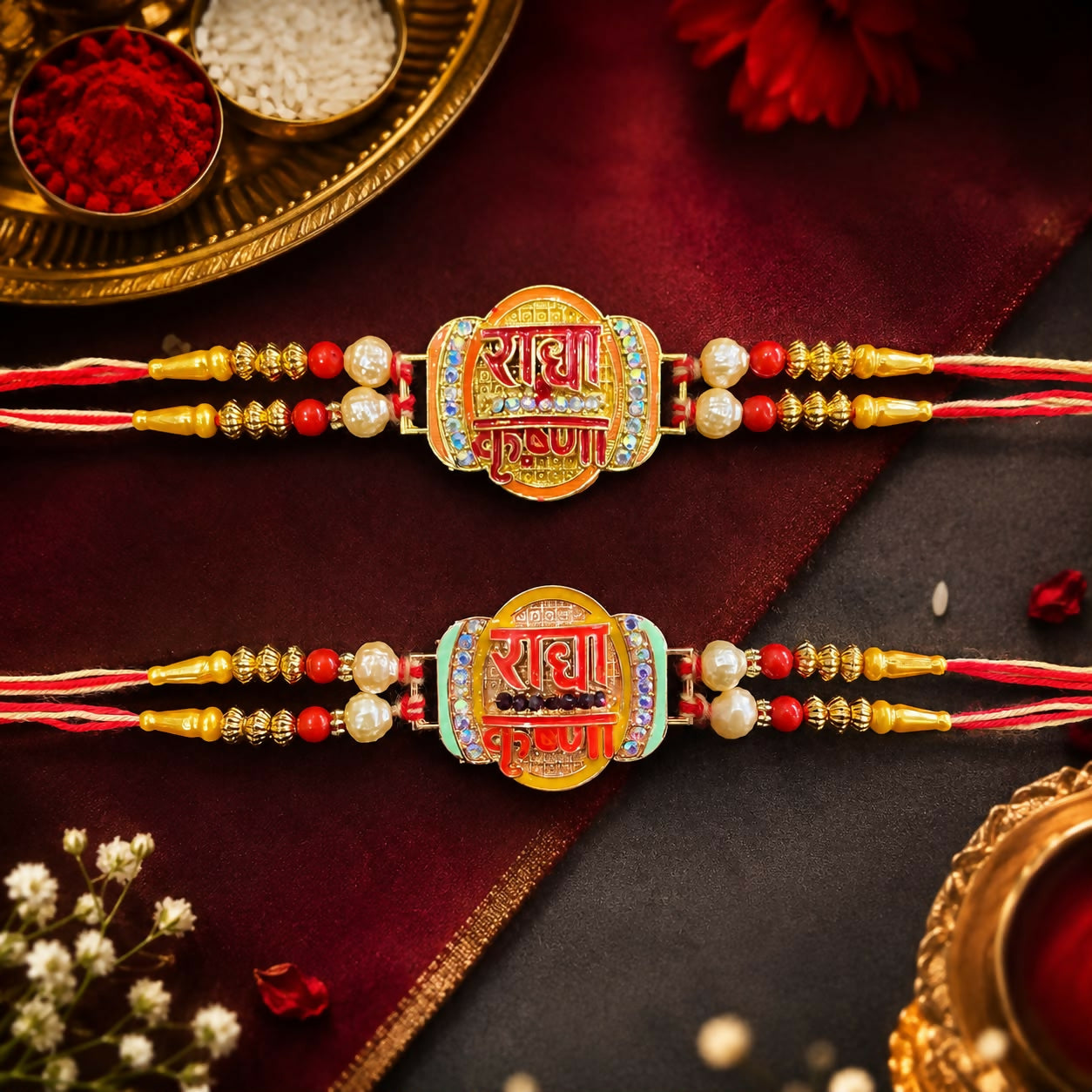 Two ornate Rakhi bracelets with "Radha Krishna" in Hindi script, surrounded by pearls and red beads, on a dark red cloth
