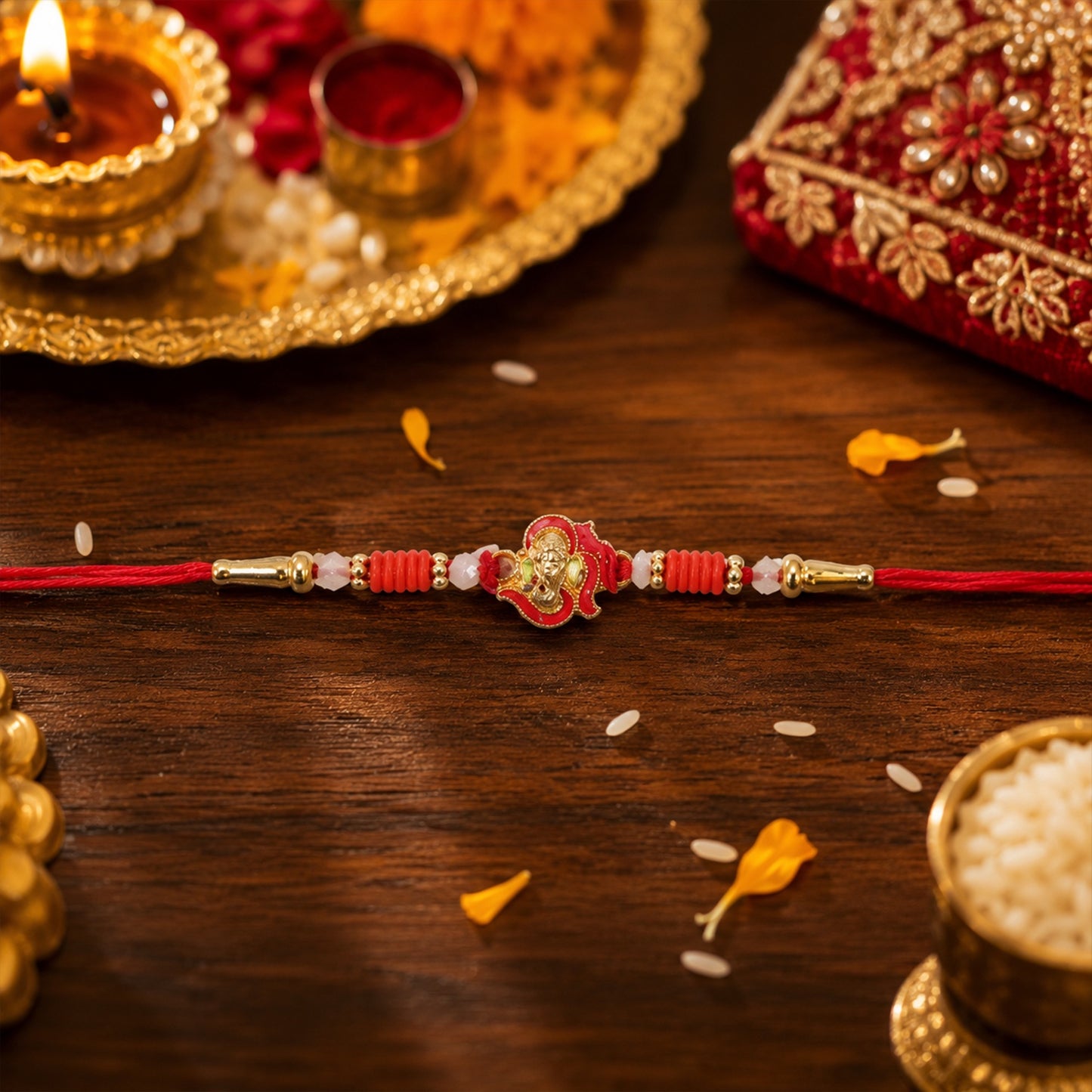 Close-up of Lord Ganesha centerpiece on designer Rakhi
