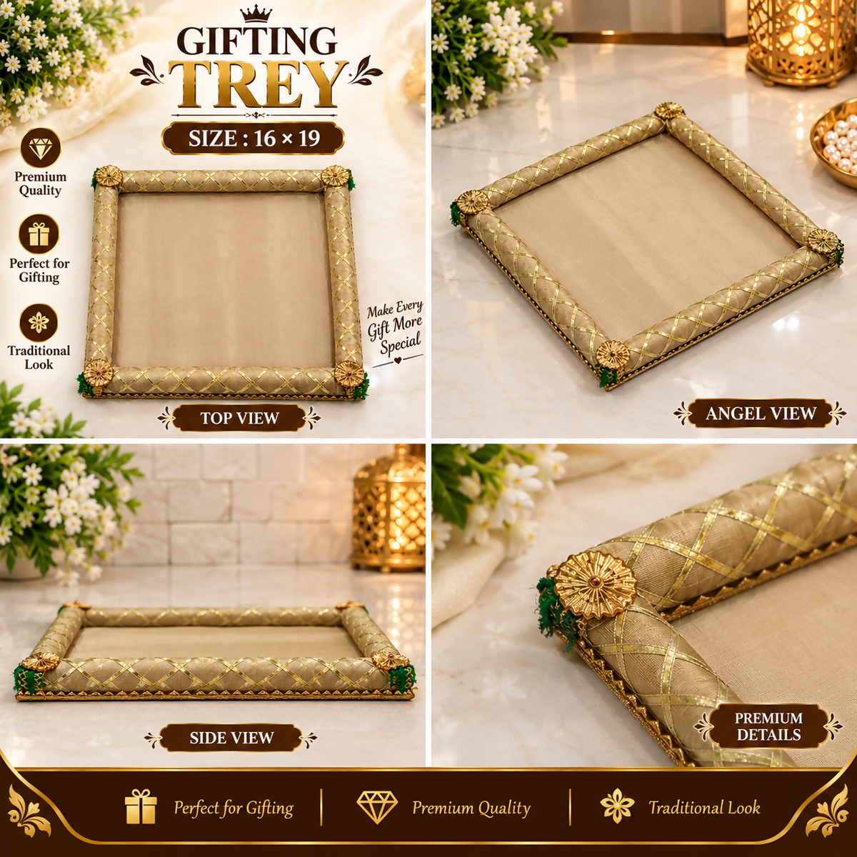 A collage of four views showing the beige fabric gift tray from top, angled, and side perspectives, highlighting its