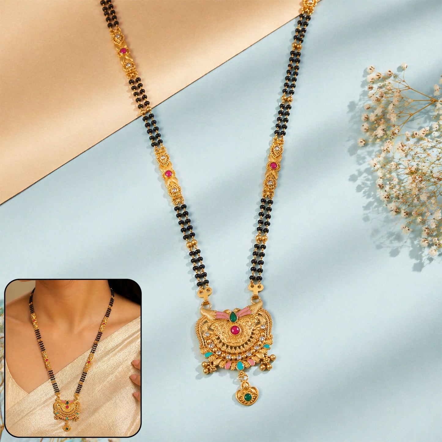 Crescent Wing Filigree Pendant with Pink Enamel Wings & Heart Locket Long Double Strand Mangalsutra