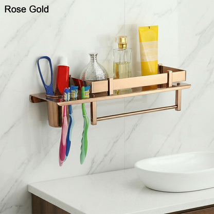 Premium Stainless Steel Wall Mounted Bathroom Shelf with Towel Rod & Toothbrush Holder