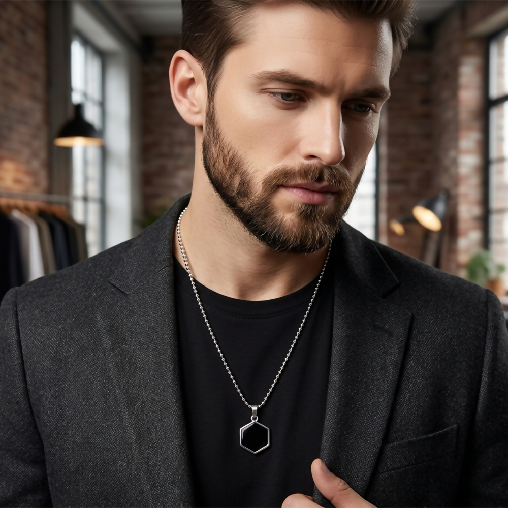Elegant Black Onyx Hexagon Pendant Necklace Minimalist Chain Jewelry