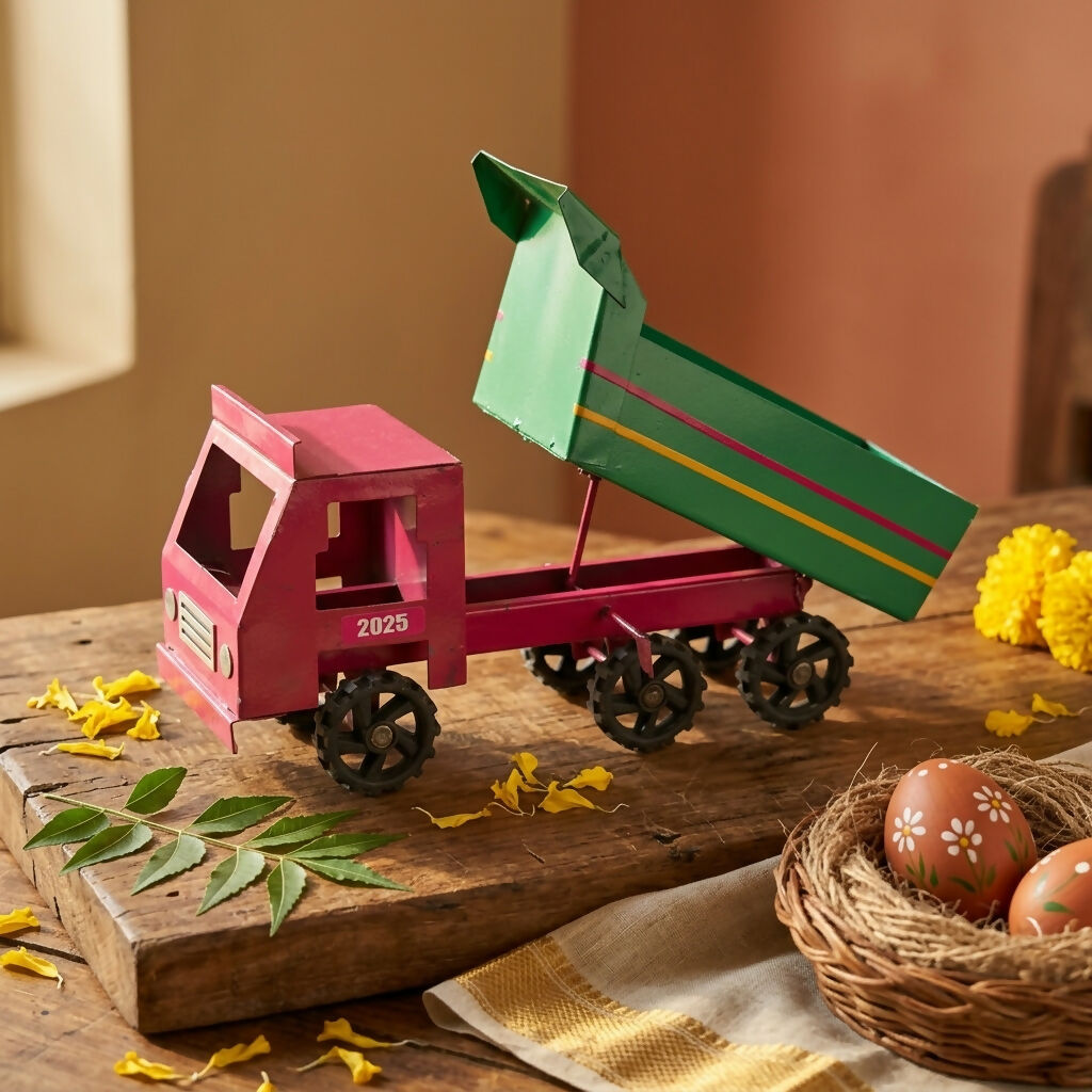Side view of metal dumper truck toy showing tilting bed