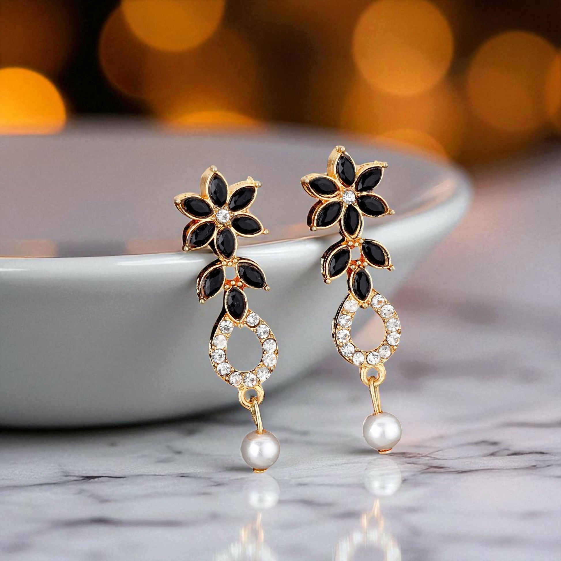 Elegant Black & White Crystal Flower Necklace Set with Pearl Drop