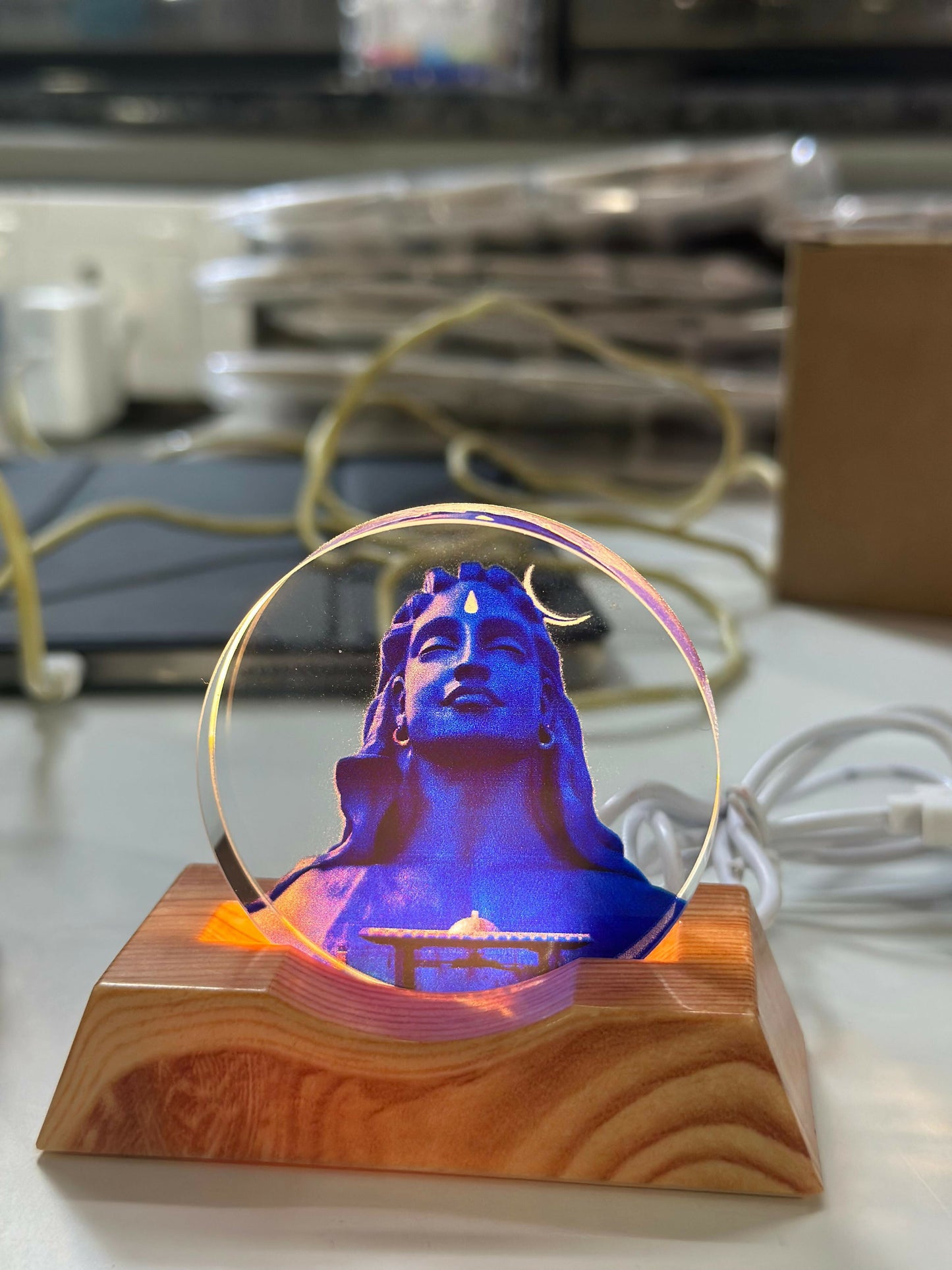 Lord Shiva Acrylic LED Lamp with Wooden Base | Adi Yogi Decorative Night Light