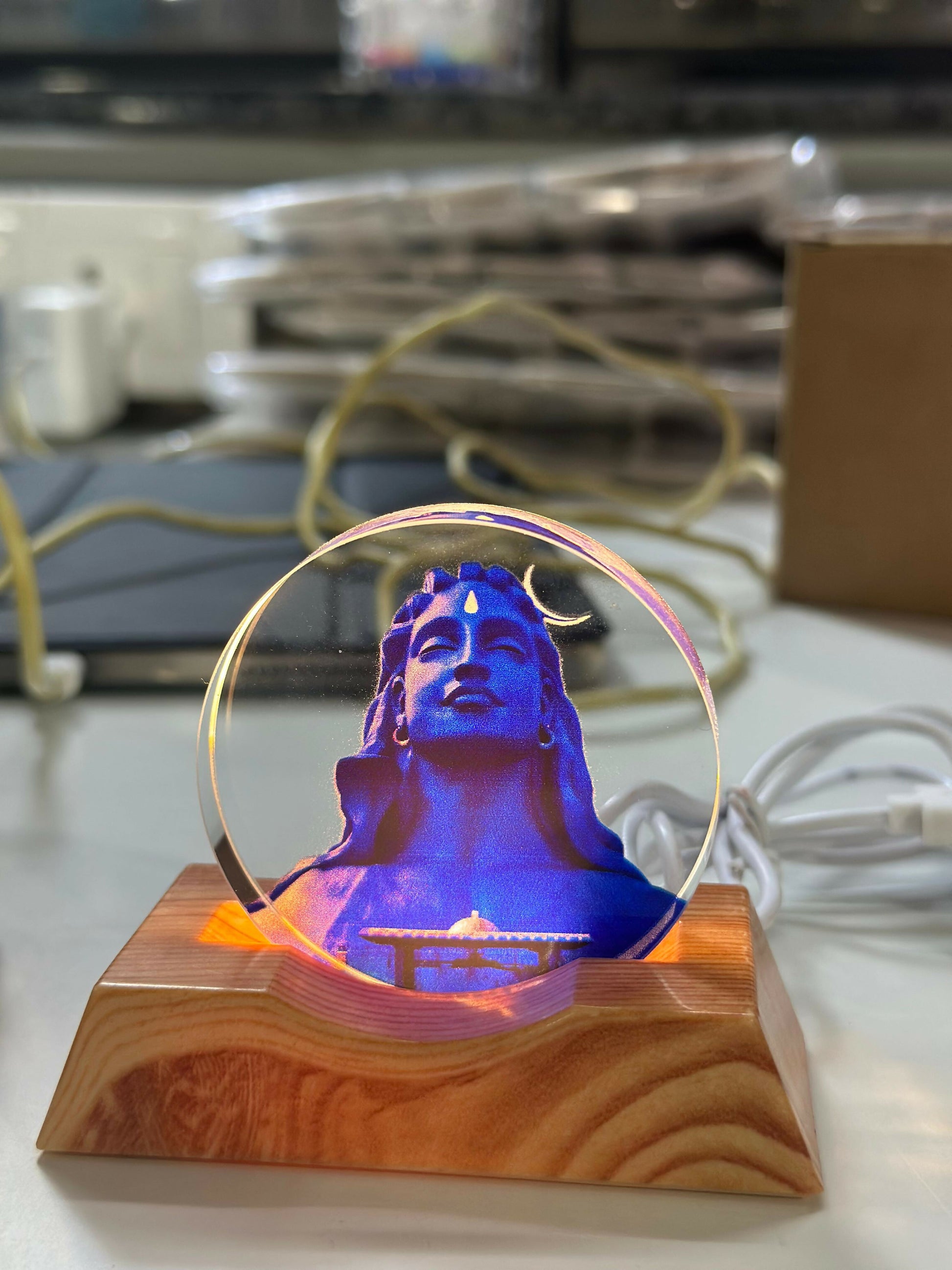 Lord Shiva Acrylic LED Lamp with Wooden Base | Adi Yogi Decorative Night Light