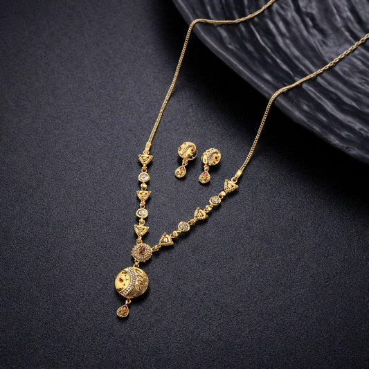 Classic Gold-Tone Beaded Chain Necklace Set with Traditional Pendant & Matching Stud Earrings