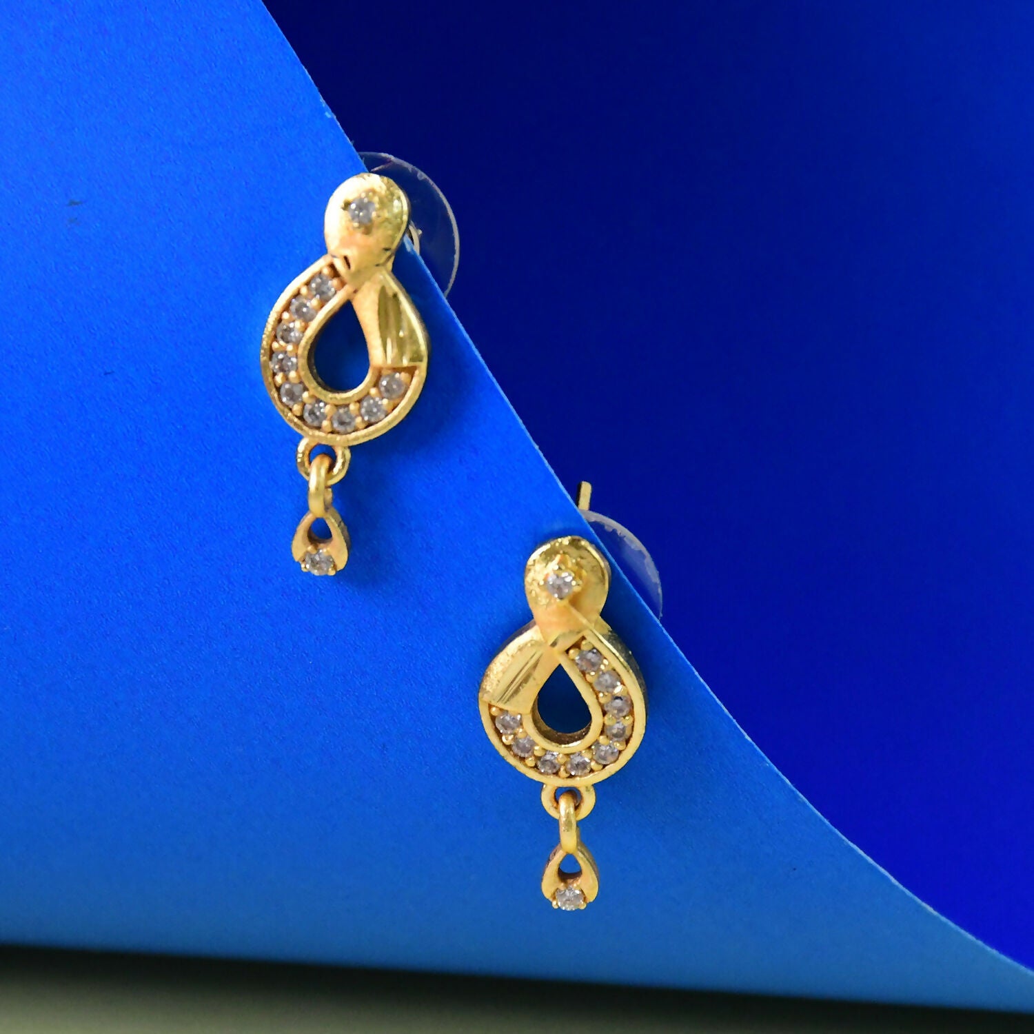 Teardrop Shaped Stud Earrings with Crystal Inlay and Hanging Charm
