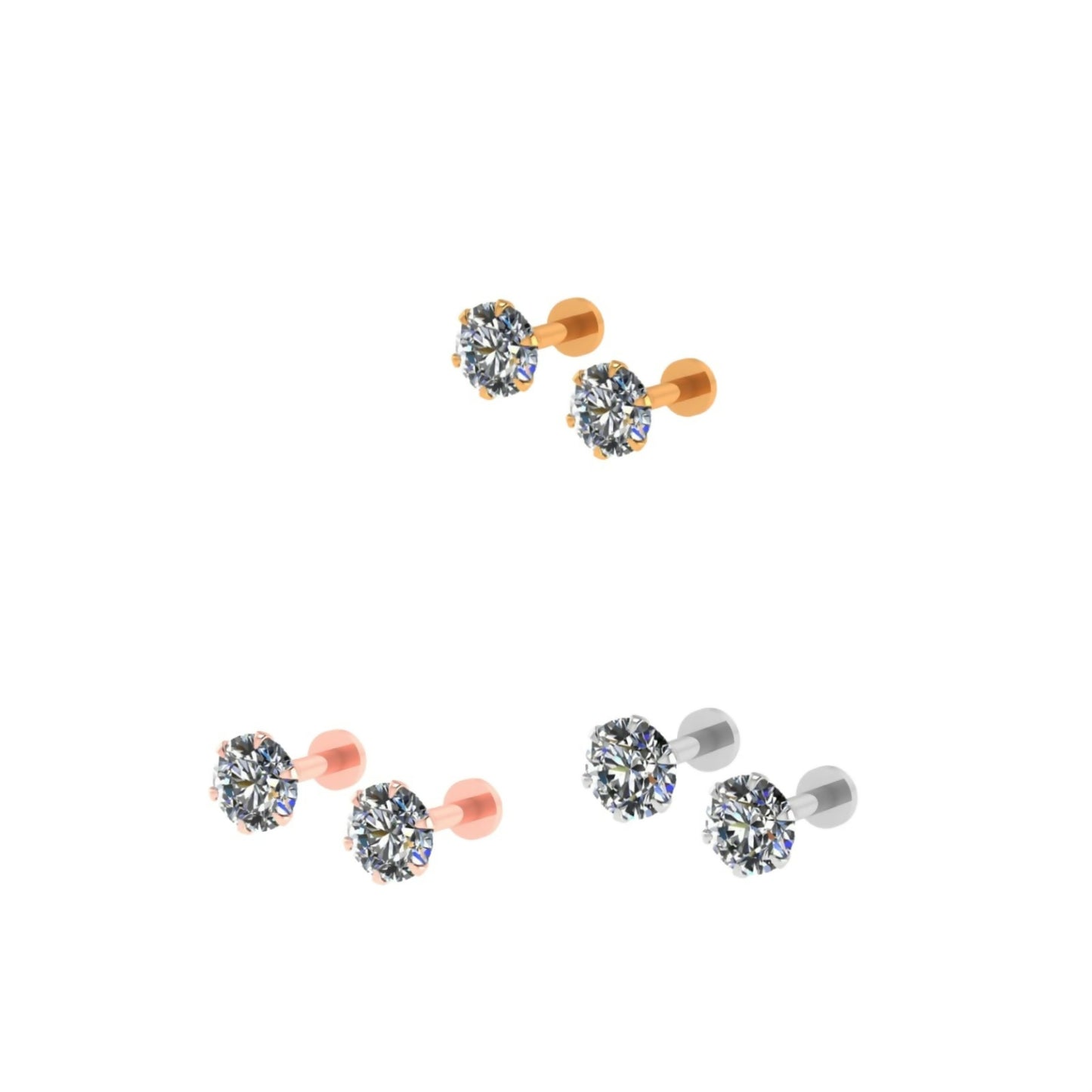 Silver Rose gold Plated Round AD Solitaire Flat Back Stud Earrings Combo 3