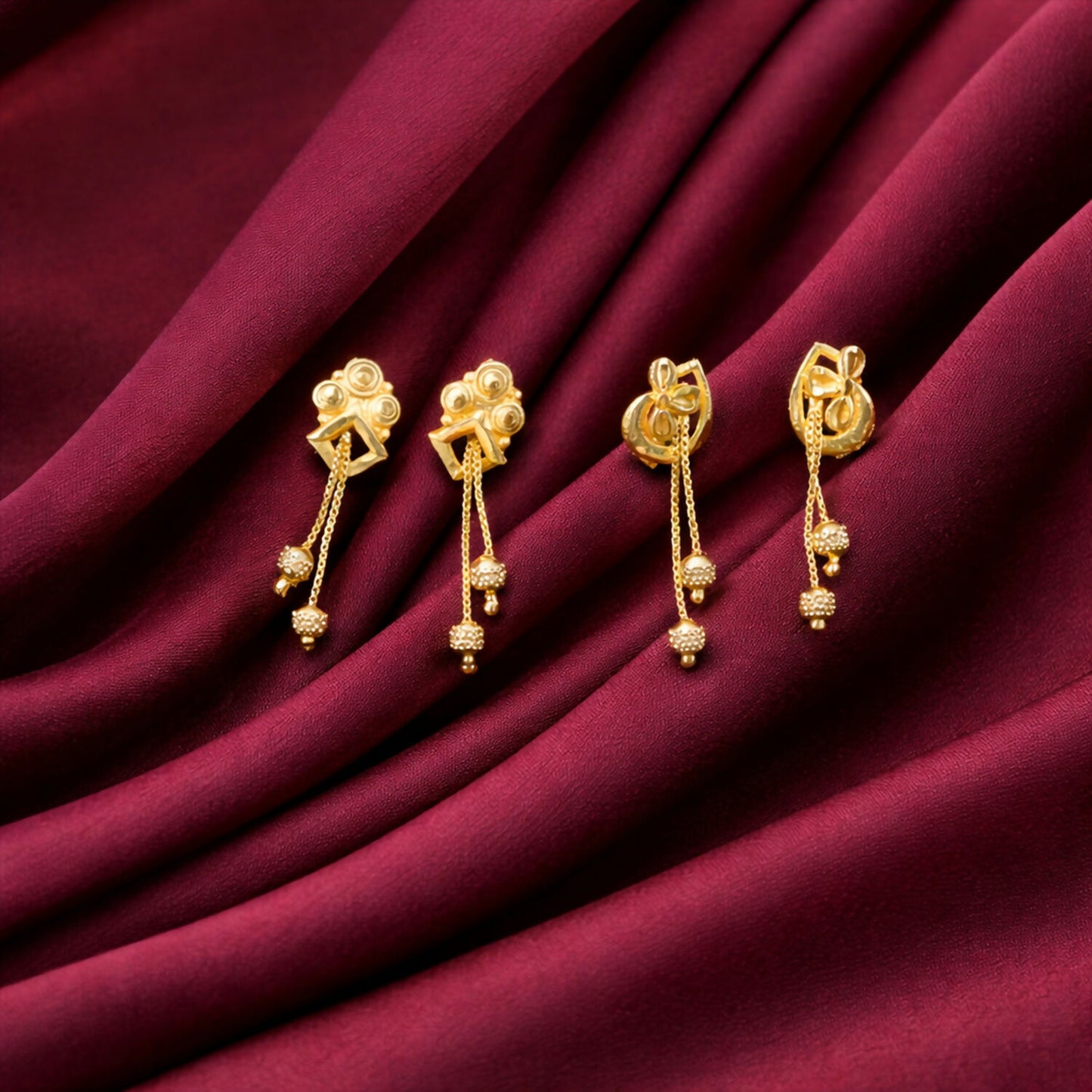 Premium Gold Earrings Combo Set with Floral Tops and Chain Tassel Drops (2 Pair)