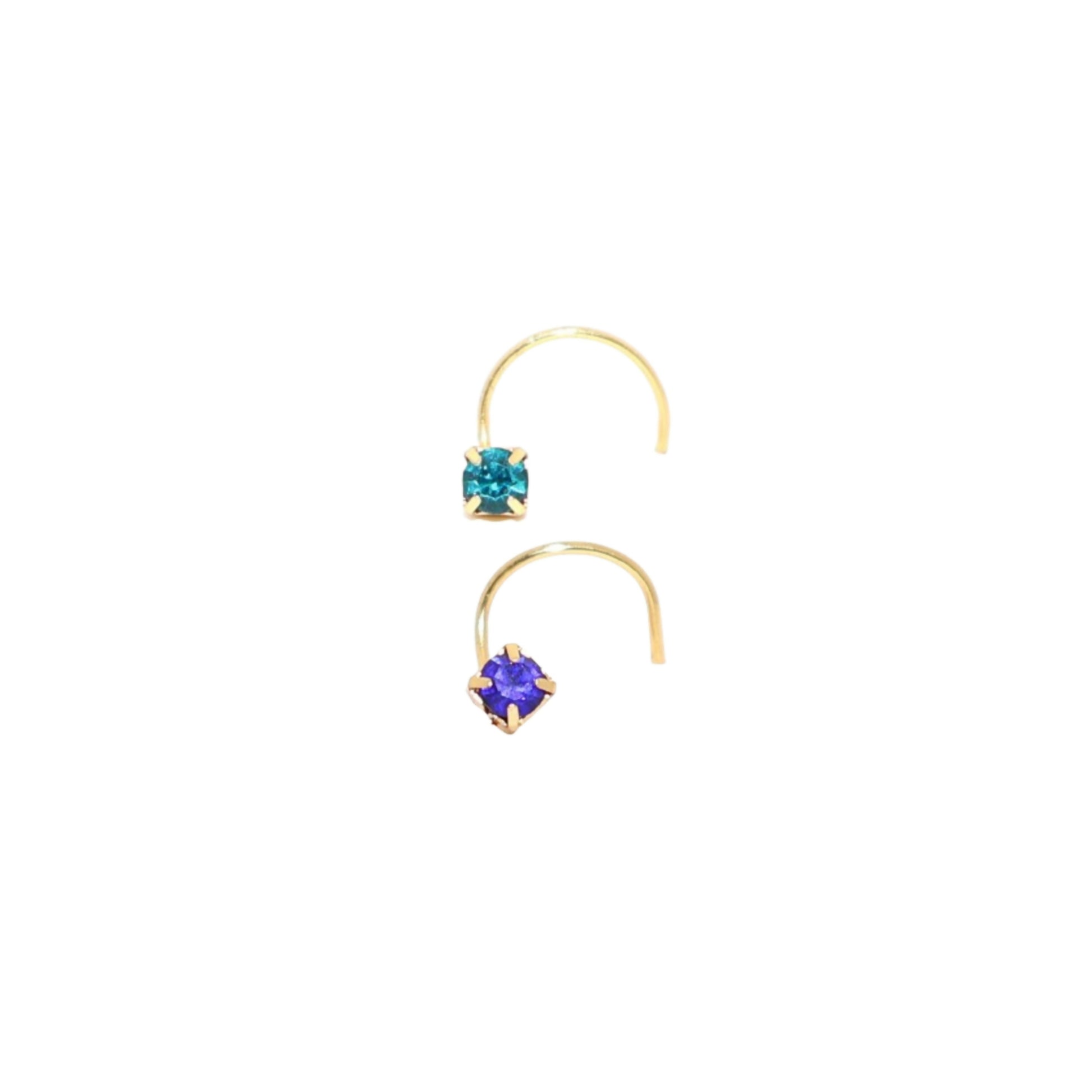 Pair of vibrant red and teal square crystal gold plated nosepins