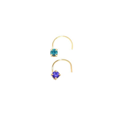 Pair of vibrant red and teal square crystal gold plated nosepins
