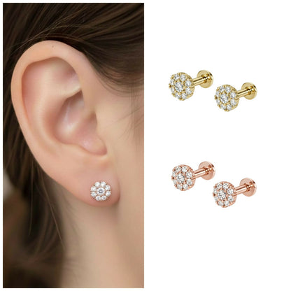 Close-up of gold plated flower flat back stud earrings showcasing floral cubic zirconia petals