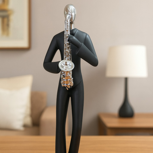 Modern Black Musician Figurine Playing Saxophone | Abstract Jazz Man Showpiece for Home Decor, Living Room, Office Table, Café & Studio Decoration | Resin Art Sculpture Gift for Music Lovers
